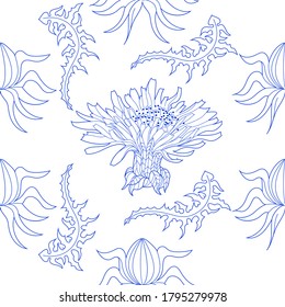 Seamless pattern for paper and textiles with dandelions. Ethnic and nature, floral, retro, tribal design element. Isolated vector background.