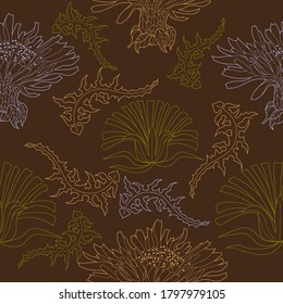 Seamless pattern for paper and textiles with dandelions. Ethnic and nature, floral, retro, tribal design element. Isolated vector background.