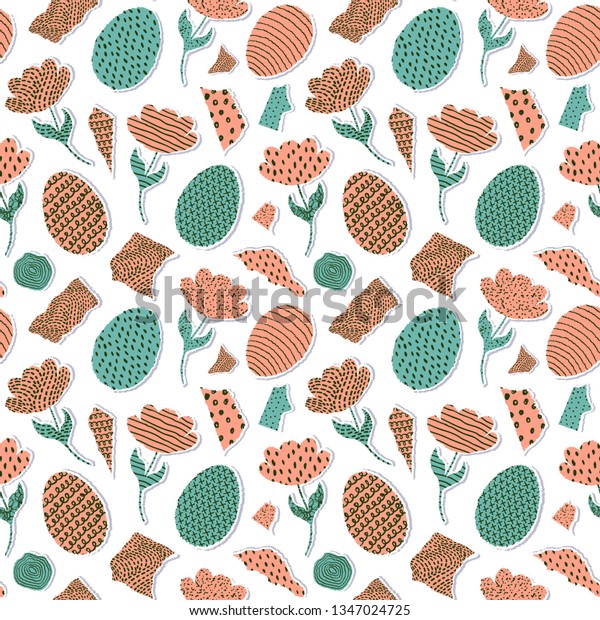 Seamless pattern with paper tulips, eggs and\
piecies of paper on white\
background