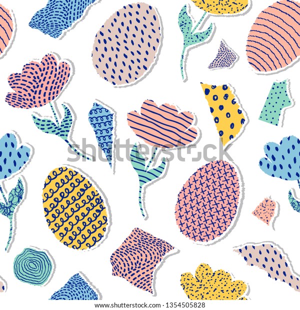 Seamless pattern with paper tulips, eggs and
piecies of paper on white
background