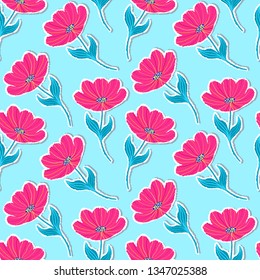 Seamless pattern with paper tulips on blue background