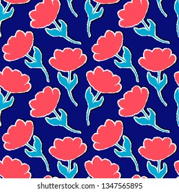 Seamless pattern with paper tulips on blue background