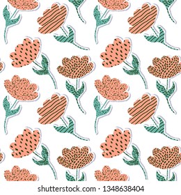 Seamless pattern with paper tulips on white background