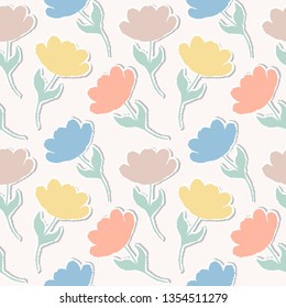 Seamless pattern with paper tulips on pastel background