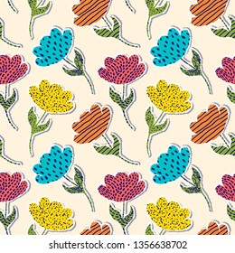 Seamless pattern with paper tulips on light background