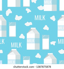 Seamless pattern: paper white and blue packaging of milk. Milk close box, milk spots and glass of milk on blue background. Vector cartoon flat style print illustration. Graghic design element.