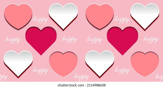 A seamless pattern with paper-cut hearts convex and concave and the inscription Happy on a pink background. For Valentine's Day, Wedding, Birthday.