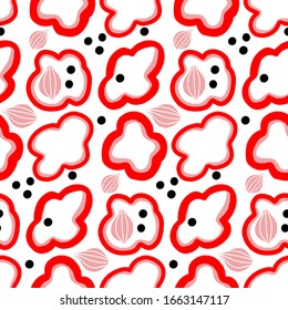 seamless pattern of paprika, cucumber, onion on a white background is a simple ornament. Vector illustration