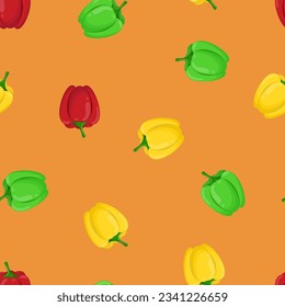 Nahtloses Muster mit Paprika auf orangefarbenem Hintergrund. Nahtlose Verzierung mit Pfeffer. Muster mit Gemüse