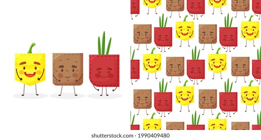 Seamless pattern paprika potato onion shaped patch pocket. Character pocket paprika potato onion. Cartoon style. Isolated on white background. Design element. Template for your shirts, books.