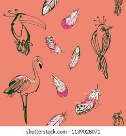 Seamless pattern with paradise birds and feathers. Hand drawn flamingo, toucan, parrot and single feather. Vector endless background on pink backdrop.