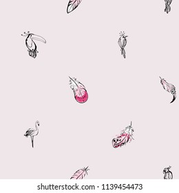 Seamless pattern with paradise birds and feathers. Hand drawn flamingo, toucan, parrot and single feather. Vector endless background on pink backdrop.