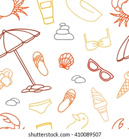 Seamless pattern with parasol, sunglasses, swimsuit, sandals, shells, crab, ice cream, suntan cream, rubber ring for swimming, pebbles.