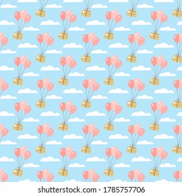 Seamless pattern. Parcel delivery on pink air balls. Balls fly through the sky with clouds with a box. Vector illustration
