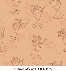 Seamless pattern with parfait or ice cream glass on pastel orange background. Hand drawn vector illustration.