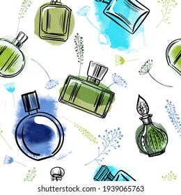 Seamless pattern parfum bottle and watercolor textur