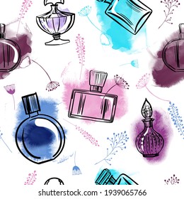 Seamless pattern parfum bottle and watercolor textur
