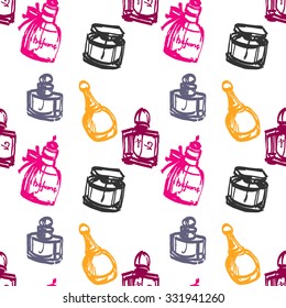 Seamless pattern with parfume bottles. Colorful hand drawn illustration