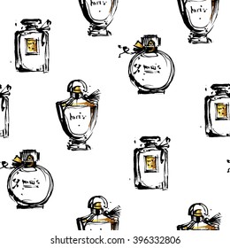 Seamless pattern with parfume, perfume bottles. Perfume pattern with gold glitter elements. Vector fashion sketch in white, gold, black colors. Brush stroke hand drawn graphic.