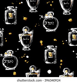 Seamless pattern with parfume, perfume bottles. Perfume pattern with gold glitter elements. Vector fashion sketch in white, gold, black colors. Brush stroke hand drawn graphic.