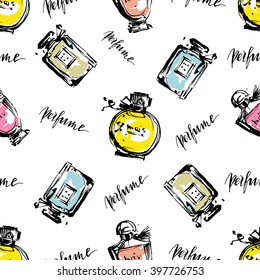 Seamless pattern with parfume, perfume bottles. Colorful hand drawn illustration. Brush stroke hand drawn graphic