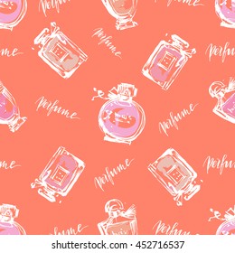 Seamless pattern with parfume, perfume bottles. Colorful hand drawn illustration. Brush stroke hand drawn graphic.