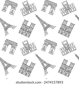 Seamless pattern Paris architecture, Eiffel tower, Notre Dame, Triumphal Arch in doodle style. Hand drawn by black inks. Drawing for prints, textile, wall and wrapping paper