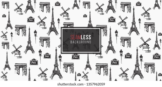 Seamless pattern with Paris architecture. French symbols hand drawn illustrations.  