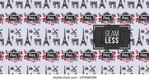 Seamless pattern with Paris architecture and vintage signboard with rose flowers. French symbols hand drawn illustrations. Watercolor style vector background.