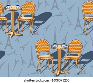 Seamless pattern with Paris cafe and sweets. Hand drawing decorative background. Vector pattern. Print for textile, cloth, wallpaper, scrapbooking