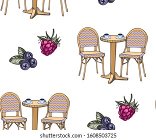 Seamless pattern with Paris cafe and sweets. Hand drawing decorative background. Vector pattern. Print for textile, cloth, wallpaper, scrapbooking