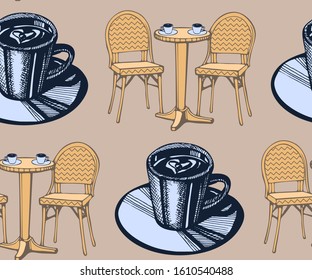 Seamless pattern with Paris cafe and sweets. Hand drawing decorative background. Vector pattern. Print for textile, cloth, wallpaper, scrapbooking