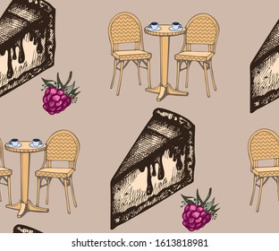 Seamless pattern with Paris cafe and sweets. Hand drawing decorative background. Vector pattern. Print for textile, cloth, wallpaper, scrapbooking