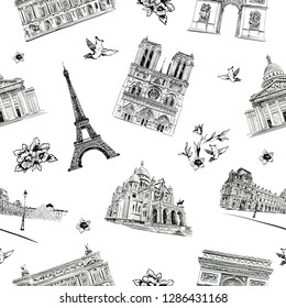 Seamless pattern Paris city decorative elements. France. Backgrounds