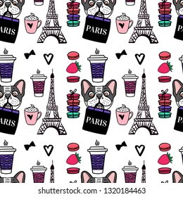 Seamless pattern Paris coffe and macaroons. Eiffel tower. Surface design. Vector sketch illustration. A dog is holding a shopping bag.