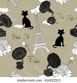 Seamless pattern with  Paris, flowers  and gramophone.Hand drawn sketches old record player. Vector music illustration