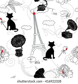 Seamless pattern with  Paris, flowers  and gramophone.Hand drawn sketches old record player. Vector music illustration