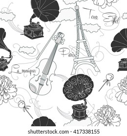 Seamless pattern with  Paris, flowers  and gramophone.Hand drawn sketches old record player. Vector music illustration