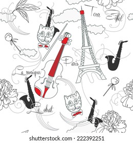 Seamless pattern with  Paris, flowers and music. Vector Illustration