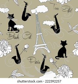 Seamless pattern with  Paris, flowers and music. Vector Illustration