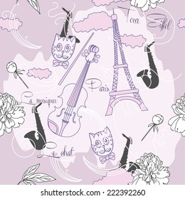 Seamless pattern with  Paris, flowers and music. Vector Illustration