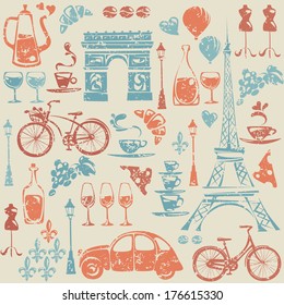 Seamless pattern with Paris / France elements. 