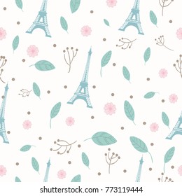 
Seamless pattern with Paris, France symbol, Eiffel tower and flowers. Vector illustration