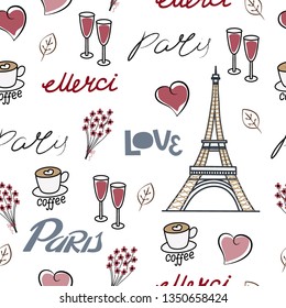 Seamless pattern, Paris, France, travel, love, tourism, white background, vector illustration