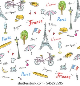 Seamless Pattern Paris French Symbolslandmarkstravel Icons Stock Vector ...