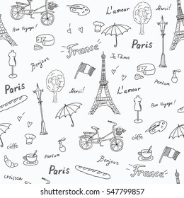 Seamless pattern of Paris french symbols,landmarks.Travel icons fashion,croissant,coffee and flag.used the words: France,Paris,love you,thank you, hello,croissant,perfume,travel.Black white sketch