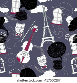 Seamless pattern with  Paris and gramophones. Hand drawn sketches old record players. Vector music illustration
