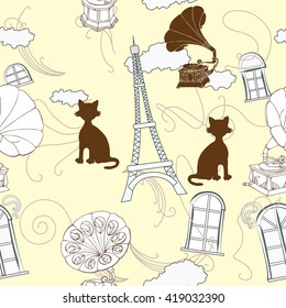Seamless pattern with  Paris and gramophones. Hand drawn sketches old record players. Vector music illustration