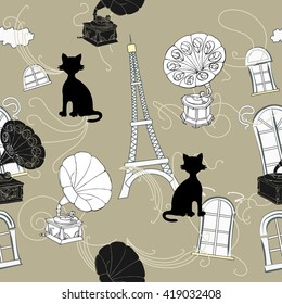 Seamless pattern with  Paris and gramophones. Hand drawn sketches old record players. Vector music illustration