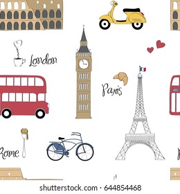 Seamless pattern with Paris, London and Rome symbols